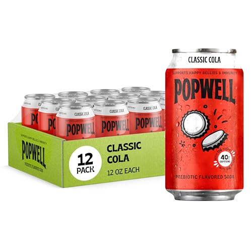 Image of Popwell Classic Cola Caffeinated Better-For-You Prebiotic Soda, with 6g Fiber, 1g Sugar, Vitamins and Immunity Support, 12 fl oz Cans (pack of 12)