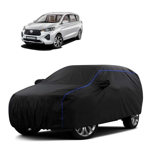 Image of Sulfar 100% Water Resistant Car Body Cover Compatible with Mirror for Toyota Rumion(Ertiga) (Triple Stitched, Full Bottom Elastic, Black Tafetta with Blue Piping)
