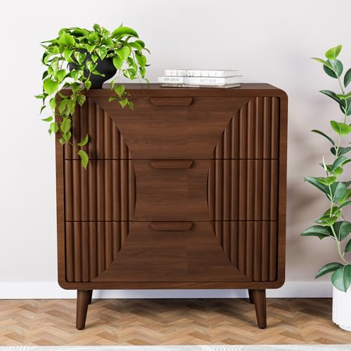 Image of HOMPUS 3-Drawer End Table, Brown 3 Drawer Nightatsand, Mid Century Wooden Bedside Table, Modern Nightstand with Vertical Stripe Pattern, Accent End Table for Living Room, Hallway, Entryway