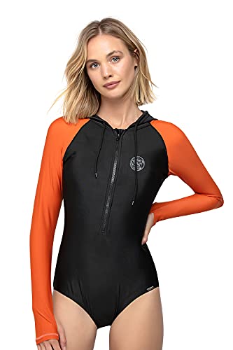 AXESEA Womens Long Sleeve Rash Guard Hooded One Piece Swimsuit Sun Protection Front Zpper Printed Bathing Suit