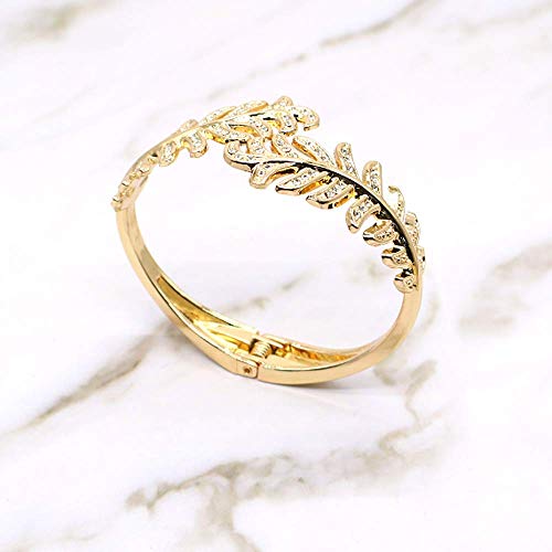 Sparkly Rhinestone Leaf Hinge Bangle Bridal Wedding Statement Bracelet Crystal Adjustable Cuff Bracelets Gold Platinum Tone Women Girls Lover Gifts (Gold Leaf Bracelet) #TOP2