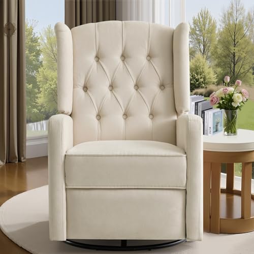 ABAKAN Swivel Rocker Recliner Chair, 360 Degree Nursery Rocking Recliner, Linen Glider Chair with Button Tufted Wingback Chair, for Living Room, Bedroom,Ash Beige