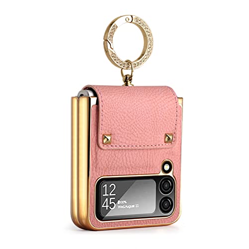 for Samsung Galaxy Z Flip 3 5G with Luxury Sparkle Ring and Pink Soft Leather,Golden Bumper Shockproof Protector,Great Gift for Women Ladys Grils Pink Galaxy Z Flip 3