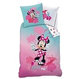 CTI Minnie Mouse Bettwäsche Set ☆ Kinderbettwäsche für Mädchen türkis pink rosa ☆ Disney Minnie Maus Happy ME - 1 Kissenbezug 80x80 + 1 Bettbezug 135x200 cm