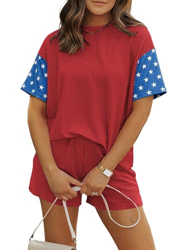 Image of MARZXIN Women 2 Piece Shorts Set 2026 Casual Summer Cruise Outfits Ribbed Loose Short Sleeve Pocket Matching Lounge Sets