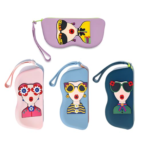 TAIZER 4 pezzi Porta Occhiali,Custodia Occhiali da Sole,Custodia Occhiali Morbida,Elegante e Semplice, Silicone con Disegno a Fumetti Custodia Portatile per Occhiali da Viaggio