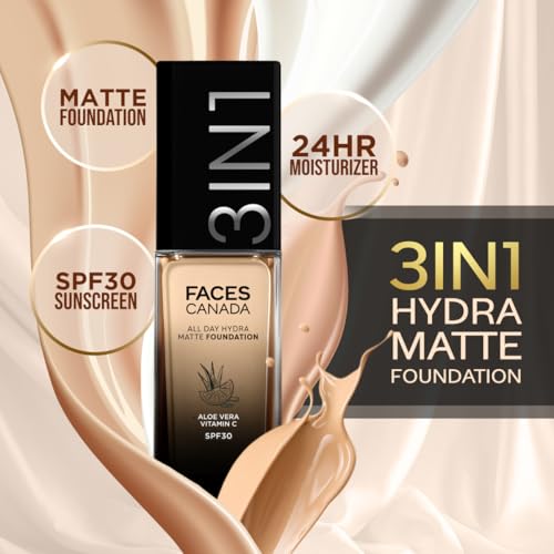 Image of FACES CANADA All Day Hydra Matte Foundation | 3-in-1 Foundation + Moisturizer + SPF 30 | 24 HR Aloe Hydration & Vitamin C | 10HR Long Wear | Medium to High Buildable Coverage | Golden Beige 032 | 30ml