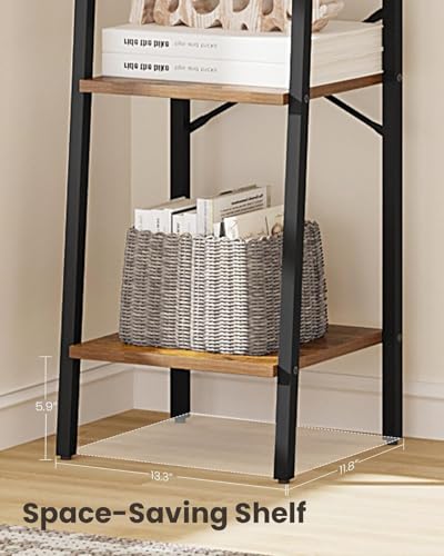 Image of Hzuaneri 4-Tier Ladder Shelf, Narrow Bookshelf, Freestanding Bookcase, Corner Storage Shelves with 2 Hooks for Home Office, Living Room, Kitchen, Bedroom, Industrial, Rustic Brown and Black BC13201B