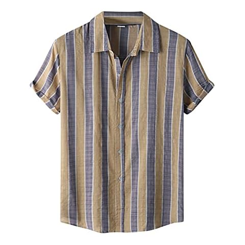 WWricotta Collar Button Casual Men's Shirt Shirt Vertical Stripe Short Sleeve Turn-Down Men Shirts Summer Men's Shirts (Khaki, XXL) Cover