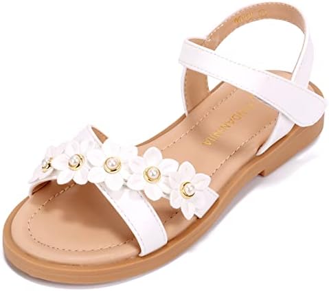 PANDANINJIA Mary Girls Sandals Open Toe Cute Flower Pearl Flats Dress Sandals Cross Strappy Summer Shoes Toddler/Little Kid/Big Kid (White Pu, 13 M US Little Kid)