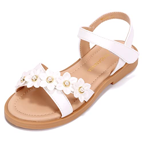 Pandaninjia Mary Girls Sandals Open Toe Cute Flower Pearl Flats Dress Sandals Cross Strappy Summer Shoes Toddler/Little Kid/Big Kid (White Pu, 13 M Us Little Kid) #TOP8