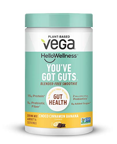 Vega Hello Wellness Youâ€™ve Got Guts Blender Free Smoothie, Choco Cinnamon Banana (14 Servings, 14.3oz) - Plant Based Vegan Protein Powder, 5g Prebiotic Fiber, 0g Added Sugar