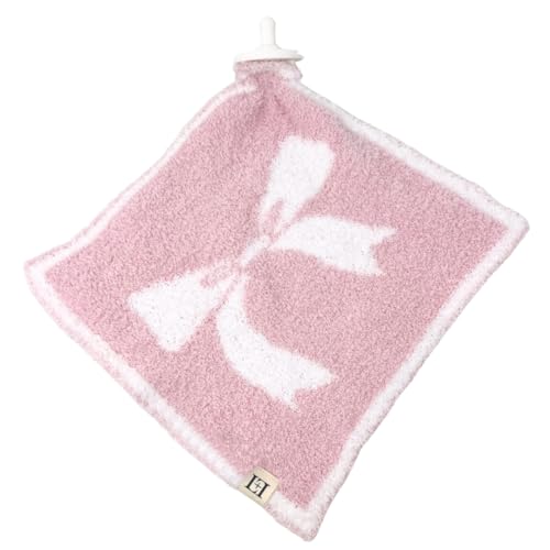 Image of L+L USA Bow Baby Lovey Pacifier /Teether Holder 10 inchx10 inch - DreamSoft Plush Fluffy Cuddly Soothie Reversible Mini Comfort Blanket - Cute Girly Newborn Gift Essential for Babies Girls (Pink /White)