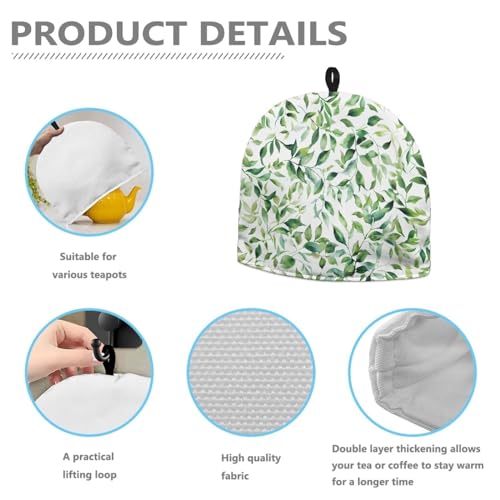 Image of Teapot Cozy Tea Cozies Double Insulated Keep Tea Warm Tea Pot Cozies Teapot Dust-Proof Cover Perfect for a Traditional English High Tea Experience, Green Leaf White