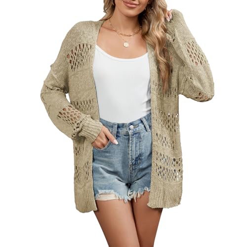 Image of Zando Womens 2025 Knitted Crochet Cardigan Sweater Long Sleeve Kimono Boho Netted Khaki Trendy Cardigans for Women Open Front Oversized Outerwear Outfits Beach Vacation Coats All Season XX-Large