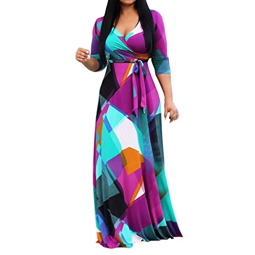 Womens V Neck 3/4 Sleeve Digital Floral Print Casual Party Long Maxi Dress with Belt (XXXXXL, Purple)