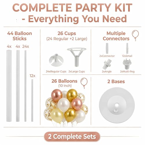 Image of Balloon Column Stand Kit with Balloons, Base and Pole, Balloon Column Kit for Floor or Table Backdrop Decoration for Party Wedding Baby Shower Birthday Graduation (Rose Gold Metallic)