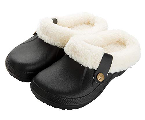 SMajong Men's Women's Waterproof Slippers Winter Lined Clogs Fur Garden Shoes Warm Plush Home House Slippers Indoor Outdoor Mules Black