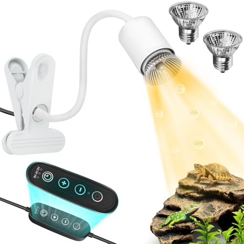 GOZILLA Reptile Heat Lamp, Turtle Lamp with 360° Goose Neck Rotatable Timing & Dimming Cycle Timer, 25W+50W UVA/UVB Reptile Light Bulbs for Reptiles and Amphibian Tanks, Terrariums and Cages.(White)
