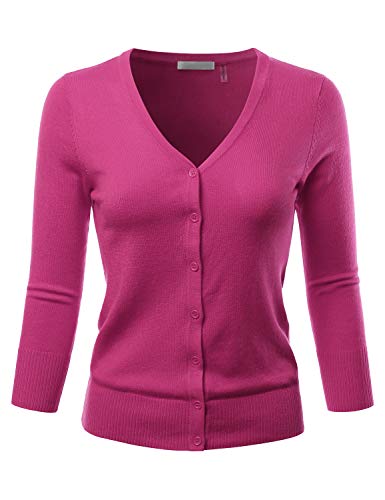 EIMIN Women's 3/4 Sleeve V-Neck Button Down Stretch Knit Cardigan Sweater Magenta S