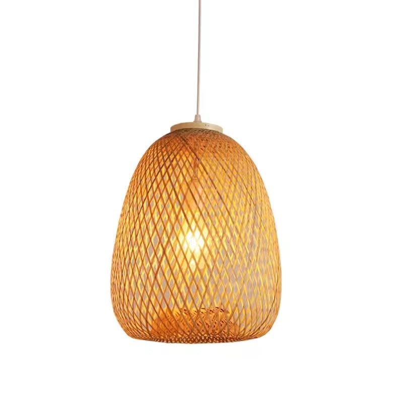 Image of Boho Woven Rattan Oval Basket Pendant Light | Decorative Wooden Oval Hanging Lamp for Dining, Cafe & Living Room Decor