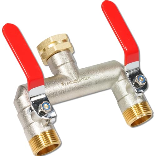 Distribuidor de agua latón niquelado, 2 vías con asas de extensión rojas, conexión hexagonal de 3/4 pulgadas