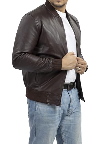 Jild Varsity Style Leather Bomber Jacket Men - Genuine Lambskin Mens Casual Fashion Classic MA-1 Leather Jacket (Rib-Brn-S)