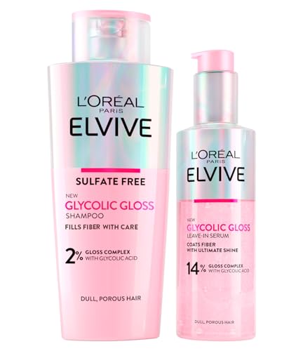 L'Oréal Paris Elvive Glycolic Gloss Champú Pelo Iluminador con Ácido Glicólico 200ml + Sérum sin Aclarado para Cabellos Porosos y Apagados Brillo Intenso y Duradero 150ml - 2 Frascos