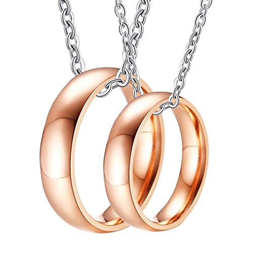 Homxi Pärchen Kette Ringe,Kette Edelstahl mit Anhänger Ringe Paar 5MM Rosegold Ring mit Rund Poliert Damen Kette 50cm Halskette Herren 60cm Cover