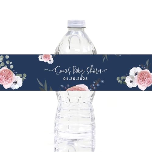 Andaz Press Personalized Winter Navy Blue with Eucalyptus Blossoms Baby Shower Party Collection, Water Bottle Label Stickers, Custom Name and Date, Floral Design, 20-Pack, Baby Shower Decorations