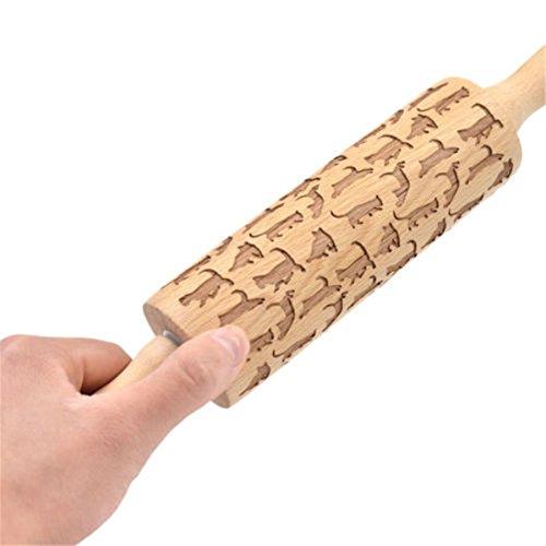 Welinks Cats Rolling Pin, Wooden Laser Engraved Rolling Pin With Cats Pattern, Embossed Hardwood Cats Design Rolling Pin, Perfect For Baking, Cooking And Playing With Kids 38Cm #TOP1