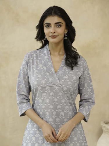 Image of GOODHAND Women Cotton Block Printed Kurta, Straight Fit Ethnic Kurti for Daily,Office & Casual Use