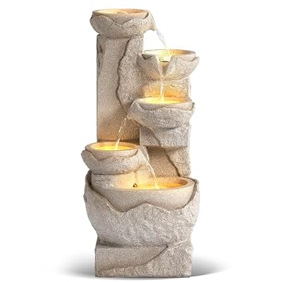 Grepatio Outdoor 5-Tiers Cascading Rock Water Fountain, Small Waterfall Fountain with 5 LED Lights, Beige Bowl Feature Fountains and Waterfalls for Garden or Patio, Yard, and Deck Decor