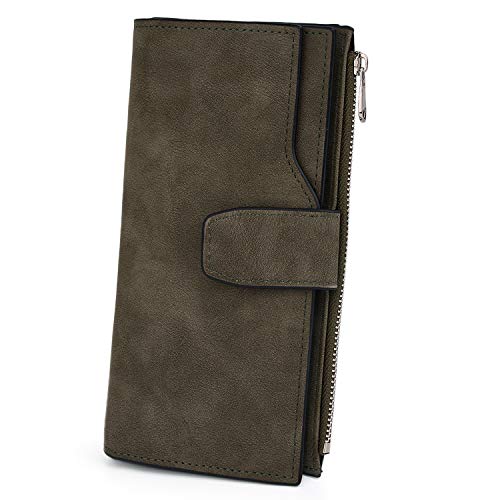 UTO RFID Wallet for Women PU Matte Leather Card Holder Organizer Zipper Coin Purse with Snap Closure Army Green