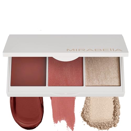 MIRABELLA - Opulent Pro Face Trio Powder and Cream Blush Palette with Powder Highlighter & Cream Blush, Lightweight Buildable 3-in-1 Highlighters Makeup for a Sculpted Look, All Skin Types