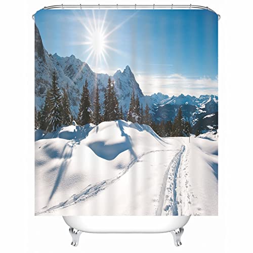 Badezimmer Duschvorhang Weiß, Polyester Duschvorhang Wasserdicht Schnee-Gebirgsbäume Sonne Anti Schimmel Duschvorhang 90x180CM