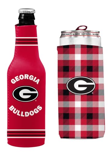 College Team Color Logo Can & Bottle Holder Insulator Beverage Cooler Set (Georgia Crest/Plaid Slim (Bulldogs))