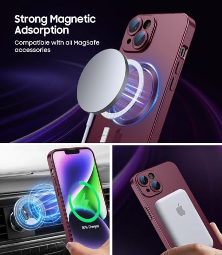 Image of DIZORO Magnetic Case for iPhone 15 Compatible with MagSafe Built-in Camera Lens Protector Slim Soft Silicone Bumper Shockproof Metallic Luster Back Cover Phone Case Wine Red