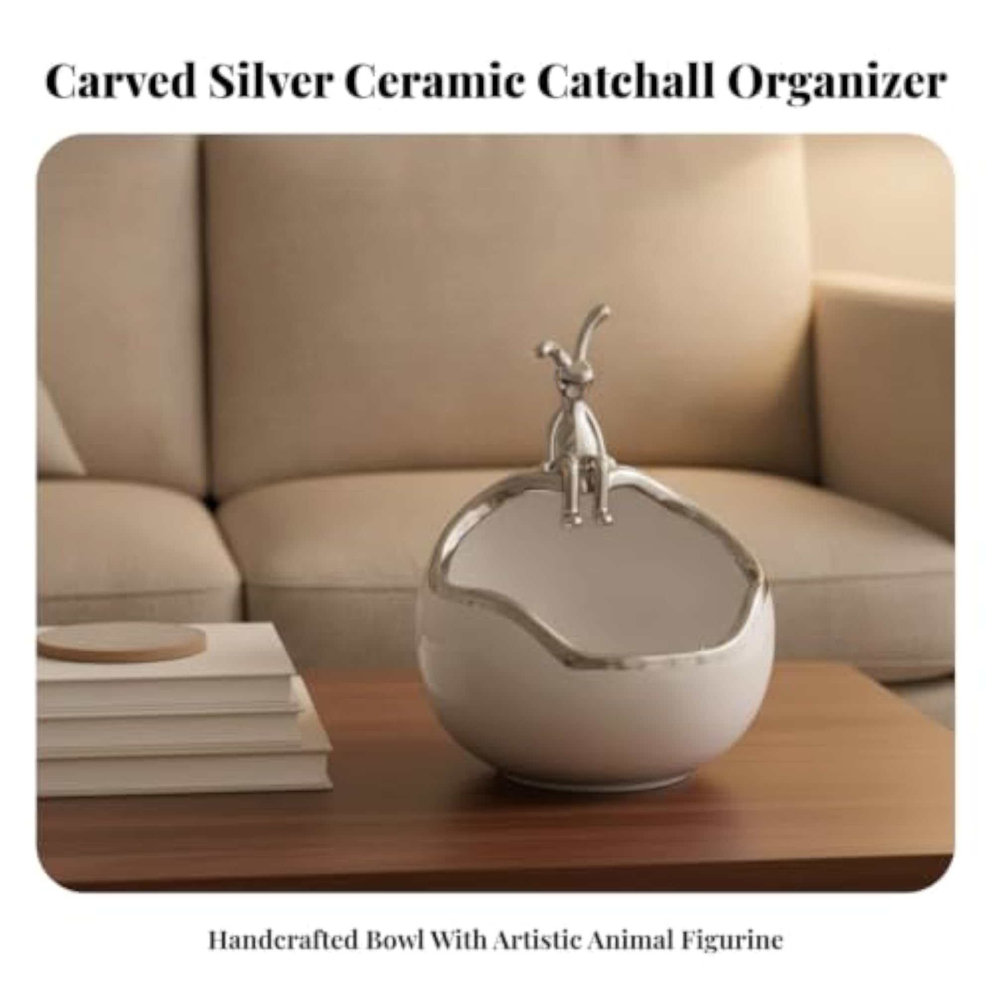 Ceramic Catchall Ornament, Silver Fortune Deer Design