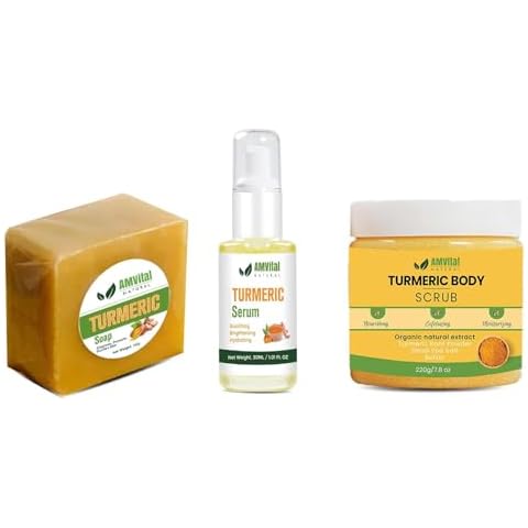 AMVital Turmeric Skincare Bundle: Soap (3-Pack), Body Scrub, and Serum Cover
