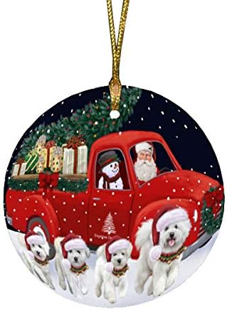 Christmas Express Delivery Red Truck Running Bichon Frise Dogs Round Flat Ornament - Pet Decorative Hanging Ornaments for Christmas X-mas Tree Decorations - 2.75" Round Christmas Ornament