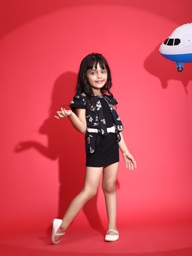 Image of Dear Me Girls Floral Printed Rayon and Lycra Shift Black Colour Dress with Belt for Girls
