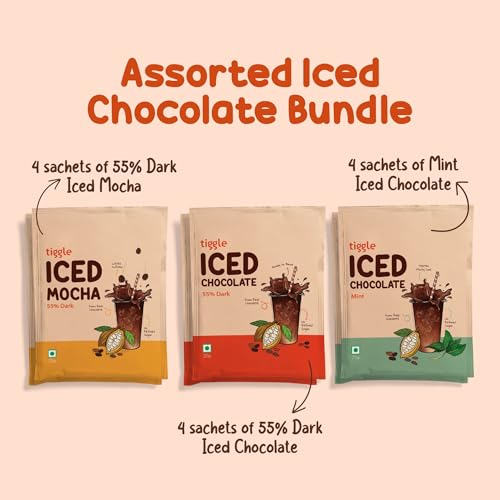 Image of Tiggle Assorted Iced Chocolate Mix - Summer Special (4 Sachets Each) | Smooth & Chocolatey | 55% Dark, Mocha & Mint | Cold Chocolate Powder for Milkshakes | Ready in 10 Seconds | No Refined Sugar | Best Served Cold