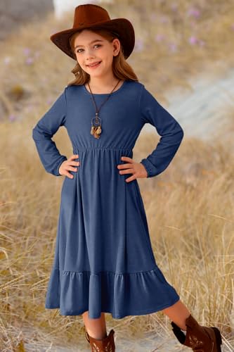 MITILLY Girls Fall Boho Dress Kid Long Sleeve Tween Casual Ruffled Hem Swing Loose Flowy Tiered Midi Dress with Pockets3