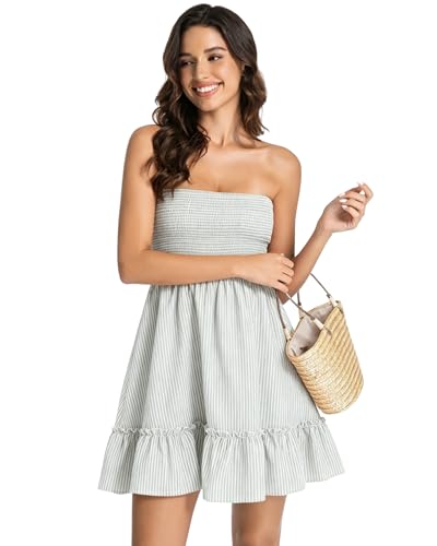 Image of Tsher Tube Top Dress for Women Summer Solid Strapless Mini Dresses Off The Shoudler Ruffle Beach Cover Sundress