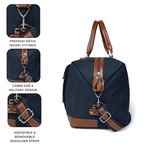 Image of Genuine Leather Large 40L Canvas Weekender Travel Duffle Cabin Bag with Detachable Shoulder Strap for Men and Women Overnight Sling Bag (Blue)