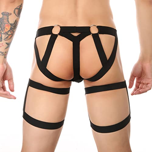 Men's Athletic Jockstrap Underwear Hollow Out Low Rise Strappy Cutout Bikini Jock Strap Rave Underpants with Leg Band2