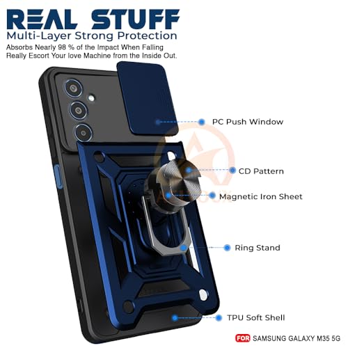 Image of Armor Bumper Back Cover Case for Samsung M35 5G | Rotating Camera Cover, Ring Holder & Kickstand | Heavy Duty & 360 Degree Protection Samsung M35 5G Cover (Blue)