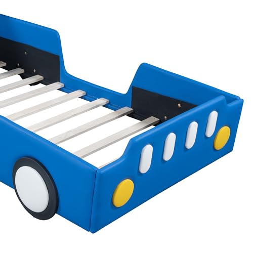 Image of Race Car Shaped Platform Bed with Wheels, Twin Size Wood Low Floor Bed Frame with Headboard and Footboard, Upholstered Bed with Rails, No Box Spring Needed, Blue