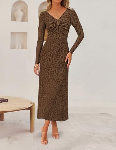 ZESICA Women's Fall Floral Long Sleeve Bodycon Dress 2025 Elegant V Neck Cocktail Party Long Midi Dresses2